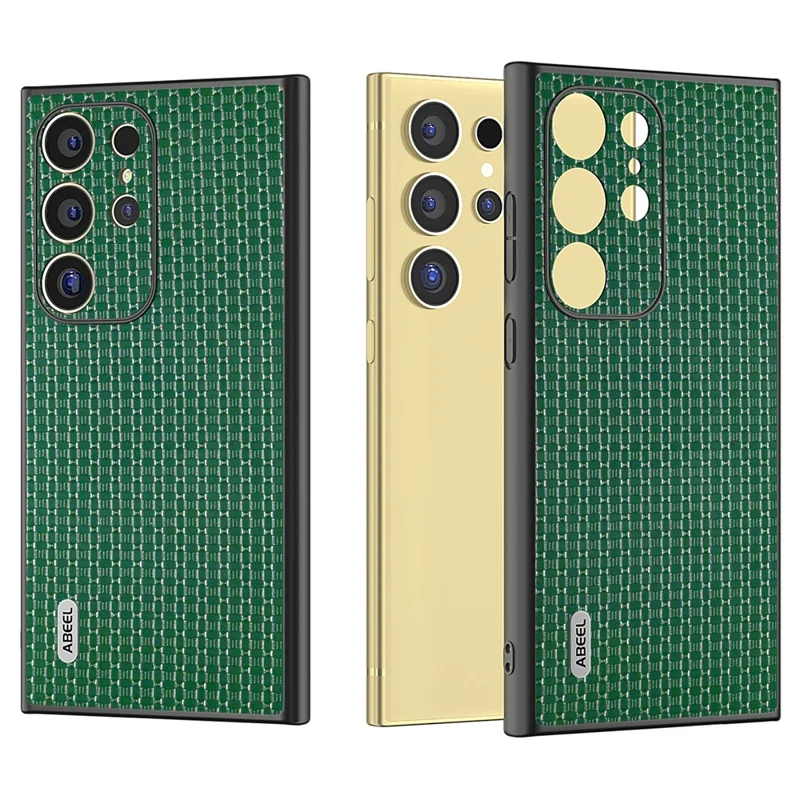 ABEEL Para Samsung Galaxy S24 Ultra Case Genuine Cow Leather+PC+TPU Phone Shell Cover - Verde