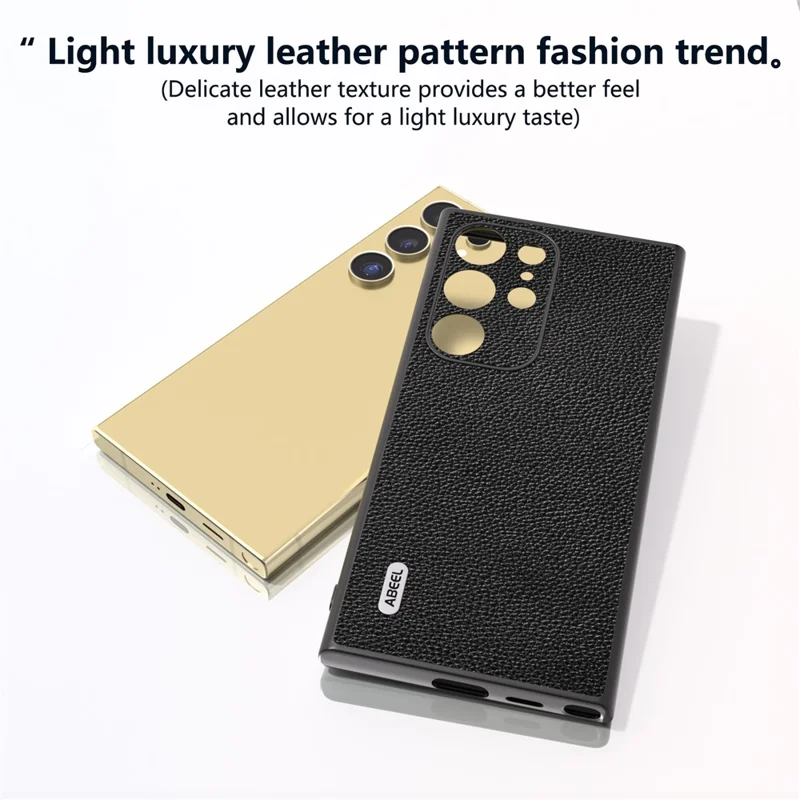 ABEEL For Samsung Galaxy S24 Ultra Case Litchi Texture Genuine Cow Leather+PC+TPU Cover - Black