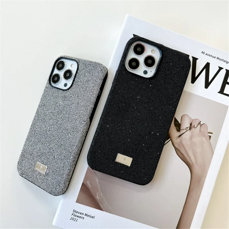 VESCENT For iPhone 15 Pro Max Anti-drop PC+TPU Phone Case Hot Press Molding Glitter Powder Phone Cover - Black