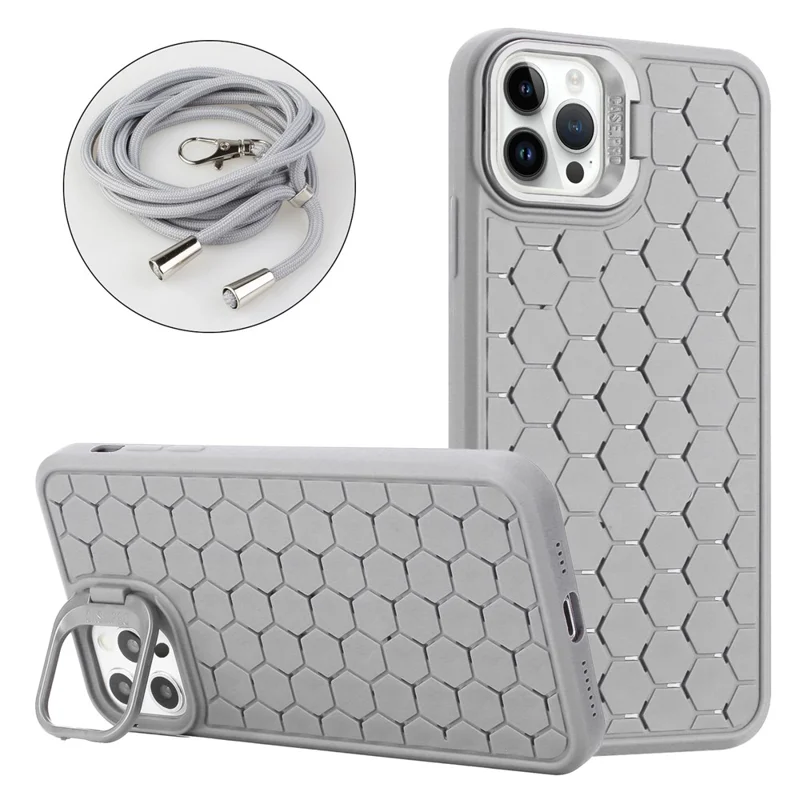 For iPhone 15 Pro Heat Dissipation Case Lens Kickstand TPU Phone Cover with Adjustable Strap - Grey