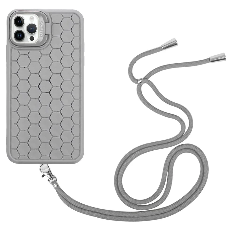 For iPhone 15 Pro Heat Dissipation Case Lens Kickstand TPU Phone Cover with Adjustable Strap - Grey