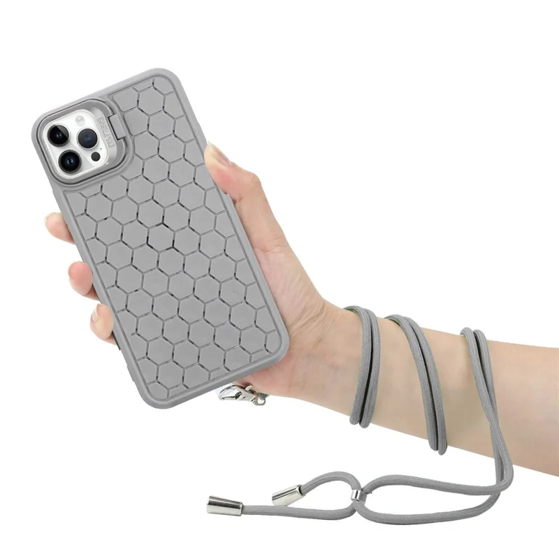 For iPhone 15 Pro Heat Dissipation Case Lens Kickstand TPU Phone Cover with Adjustable Strap - Grey