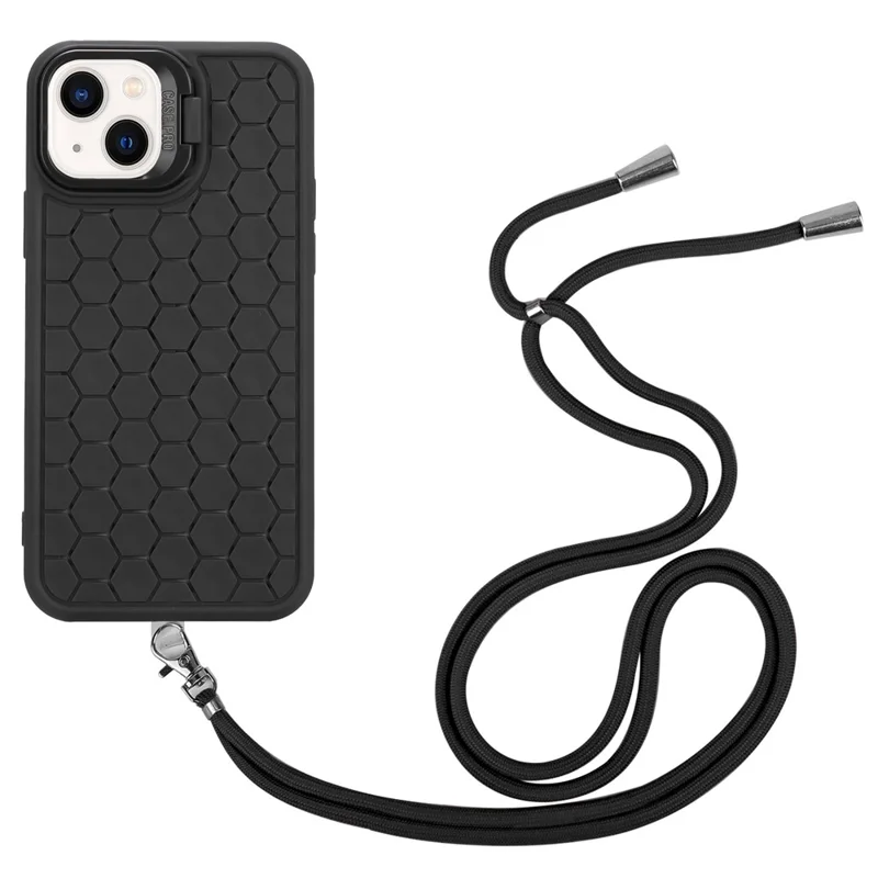 For iPhone 14 Plus Case TPU Heat Dissipation Kickstand Phone Cover with Lanyard - Black