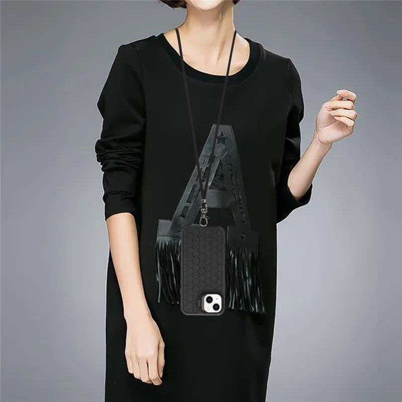 For iPhone 14 Plus Case TPU Heat Dissipation Kickstand Phone Cover with Lanyard - Black