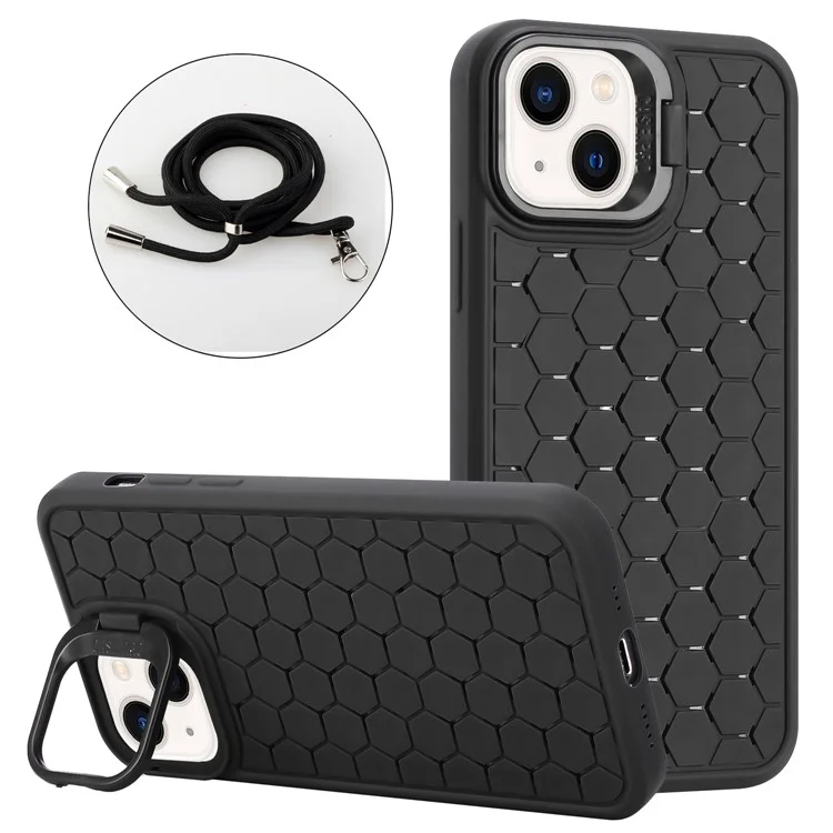 For iPhone 14 Case Soft TPU Heat Dissipation Back Phone Cover with Lanyard - Black