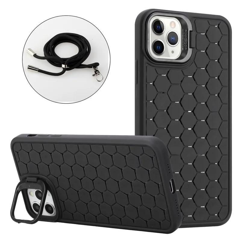 For iPhone 11 Pro Max Kickstand Case Heat Dissipation TPU Cell Phone Cover with Lanyard - Black