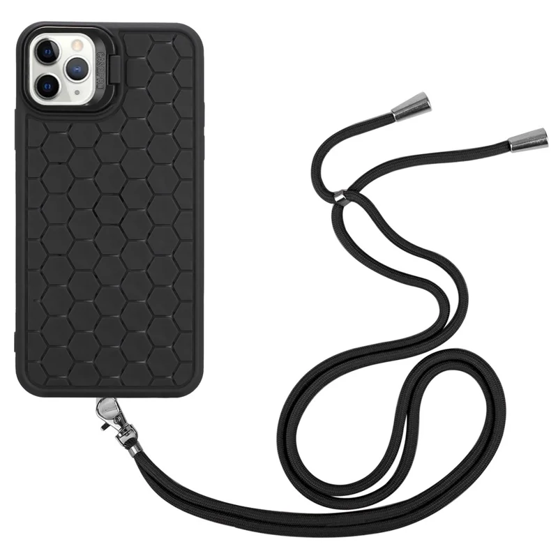 For iPhone 11 Pro Max Kickstand Case Heat Dissipation TPU Cell Phone Cover with Lanyard - Black