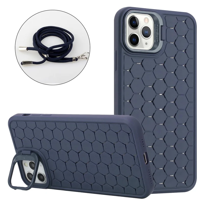 For iPhone 11 Pro Max Kickstand Case Heat Dissipation TPU Cell Phone Cover with Lanyard - Dark Blue