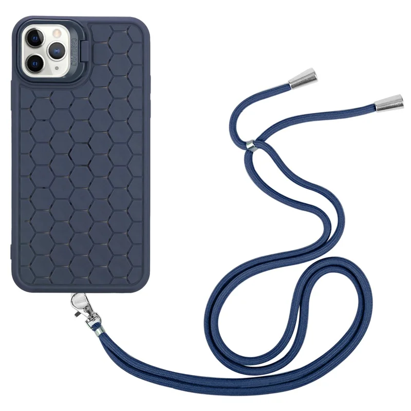 For iPhone 11 Pro Max Kickstand Case Heat Dissipation TPU Cell Phone Cover with Lanyard - Dark Blue
