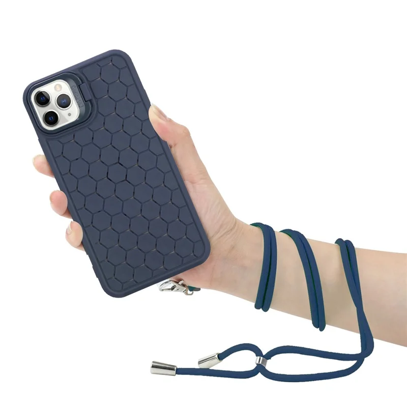 For iPhone 11 Pro Max Kickstand Case Heat Dissipation TPU Cell Phone Cover with Lanyard - Dark Blue