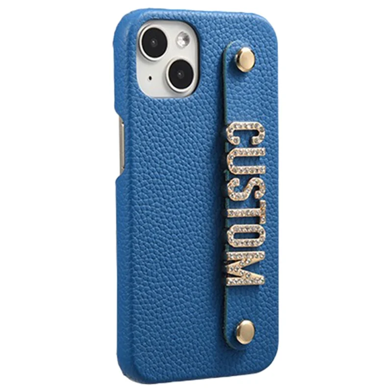 For iPhone 14 Plus Anti-Scratch Litchi Texture Phone Case Genuine Cow Leather+PC+Zinc Alloy Phone Cover - Blue
