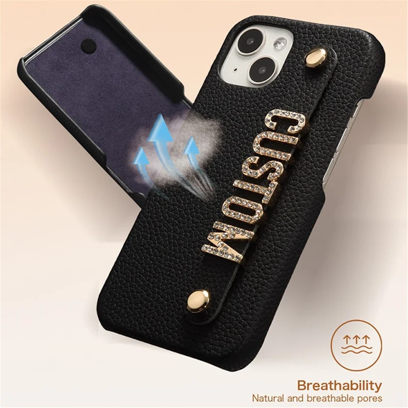 For iPhone 14 Plus Anti-Scratch Litchi Texture Phone Case Genuine Cow Leather+PC+Zinc Alloy Phone Cover - Blue
