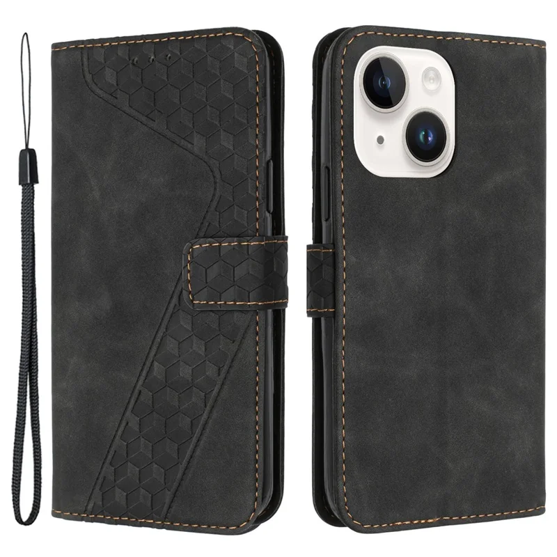 For iPhone 14 Plus Mobile Phone Cases Imprinted 7-Shape PU Leather Wallet Phone Stand Cover - Black