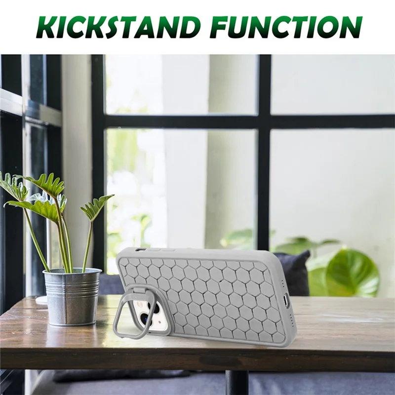 For iPhone 15 Plus Case TPU Phone Cover Breathable Cooling with Lens Kickstand - Grey