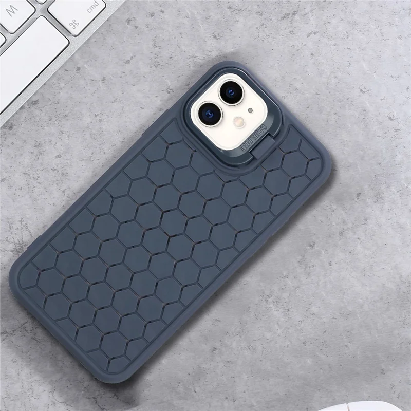 For iPhone 11 Case with Lens Frame Kickstand TPU Heat Dissipation Phone Cover - Dark Blue
