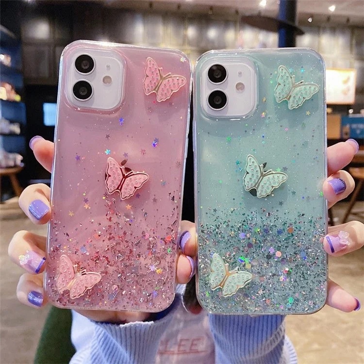Чехол для iPhone 11 из ТПУ, защитная крышка с пайетками и декором в виде бабочки - зеленый