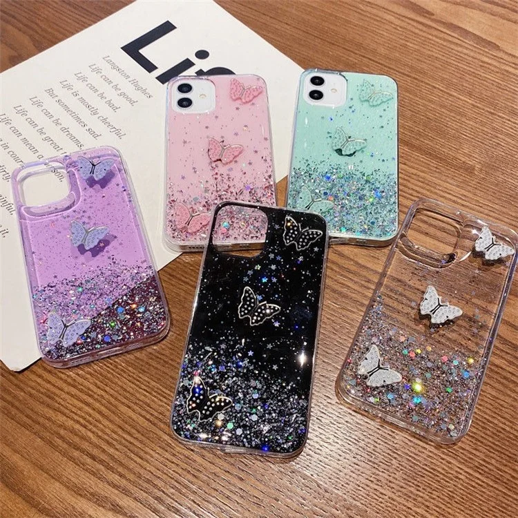 Чехол для iPhone 11 из ТПУ, защитная крышка с пайетками и декором в виде бабочки - зеленый