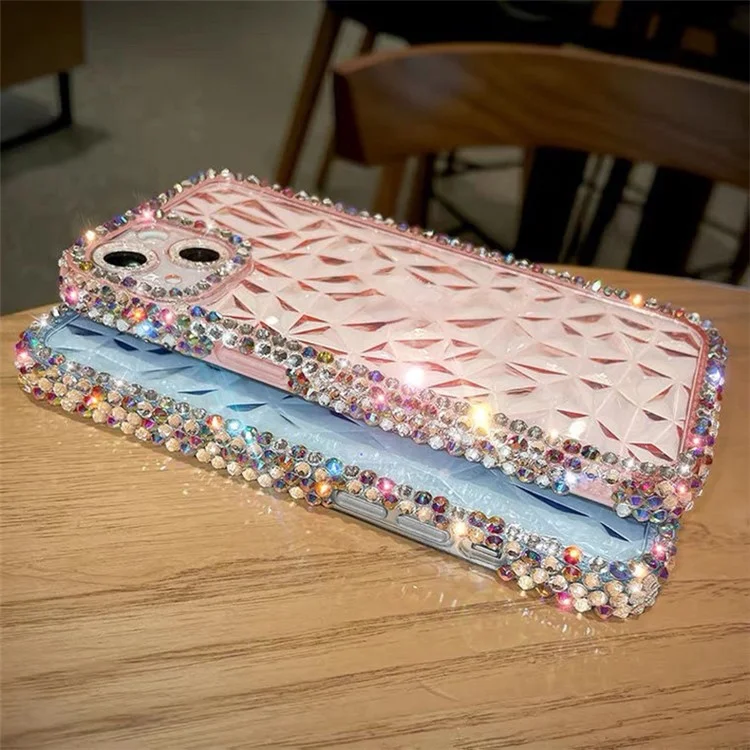 Para iPhone 13 Diamond Texture Full Rhinestone Edge TPU Phone Cover - Transparent Pink