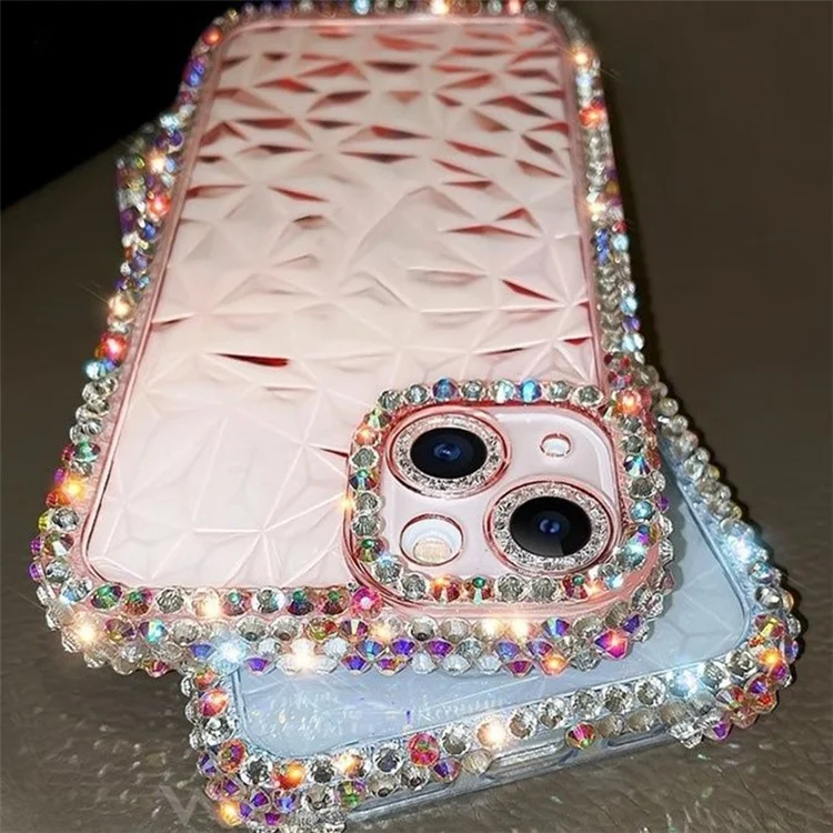 Para iPhone 13 Diamond Texture Full Rhinestone Edge TPU Phone Cover - Transparent Pink