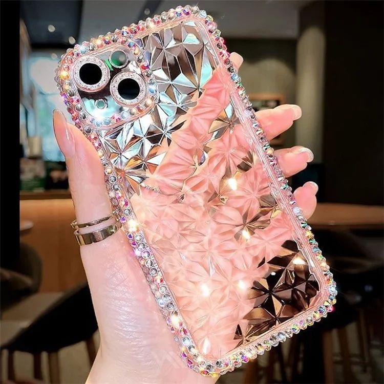 Para iPhone 13 Diamond Texture Full Rhinestone Edge TPU Phone Cover - Transparent Pink