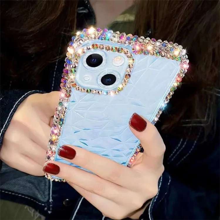 Para iPhone 13 Diamond Texture Full Rhinestone Edge TPU Phone Cover - Transparent Pink