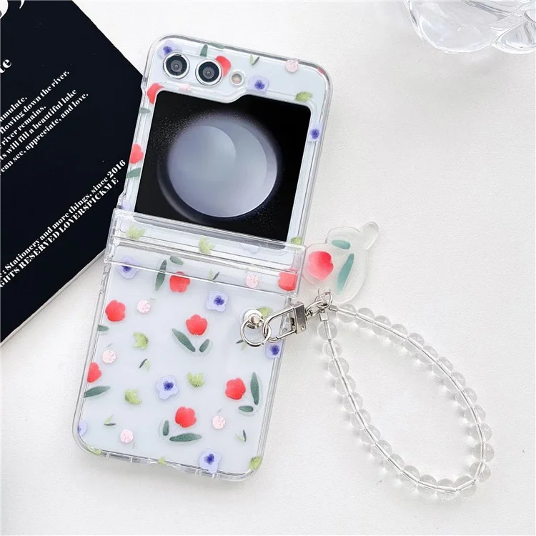 Para Samsung Galaxy Z Flip5 5G Case Hard PC Pattern Printing Clear Phone Cover with Bracelet - Red and White Flower