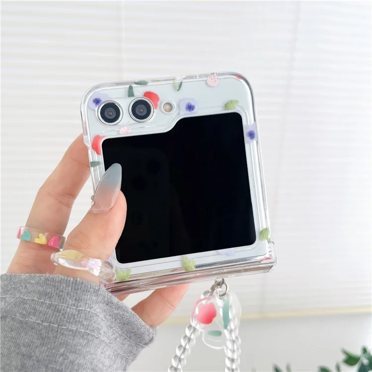 Para Samsung Galaxy Z Flip5 5G Case Hard PC Pattern Printing Clear Phone Cover with Bracelet - Red and White Flower