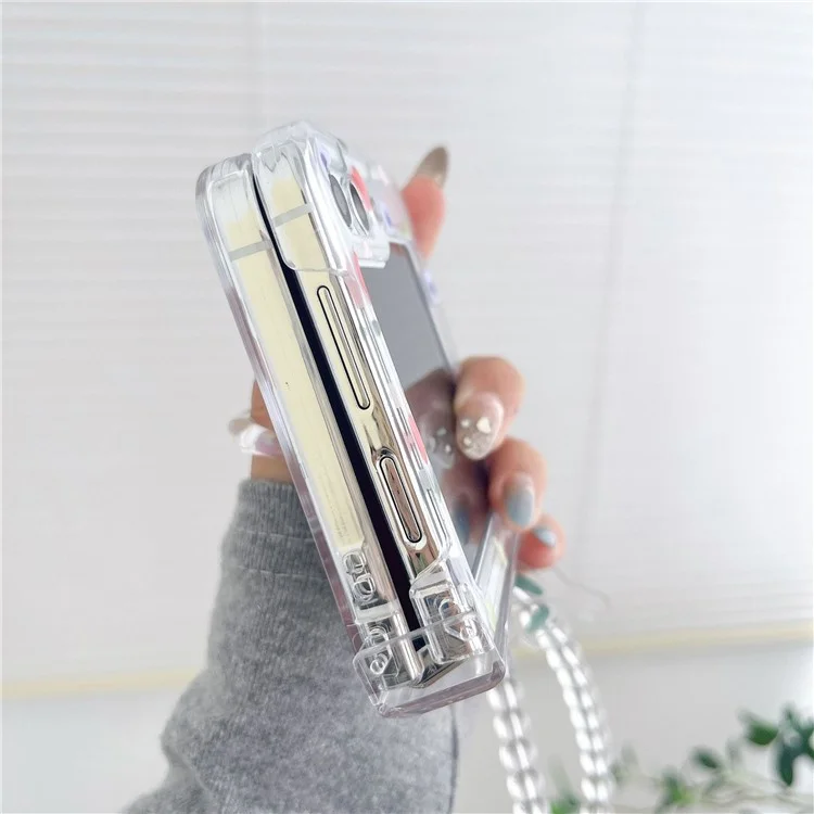 Para Samsung Galaxy Z Flip5 5G Case Hard PC Pattern Printing Clear Phone Cover with Bracelet - Red and White Flower