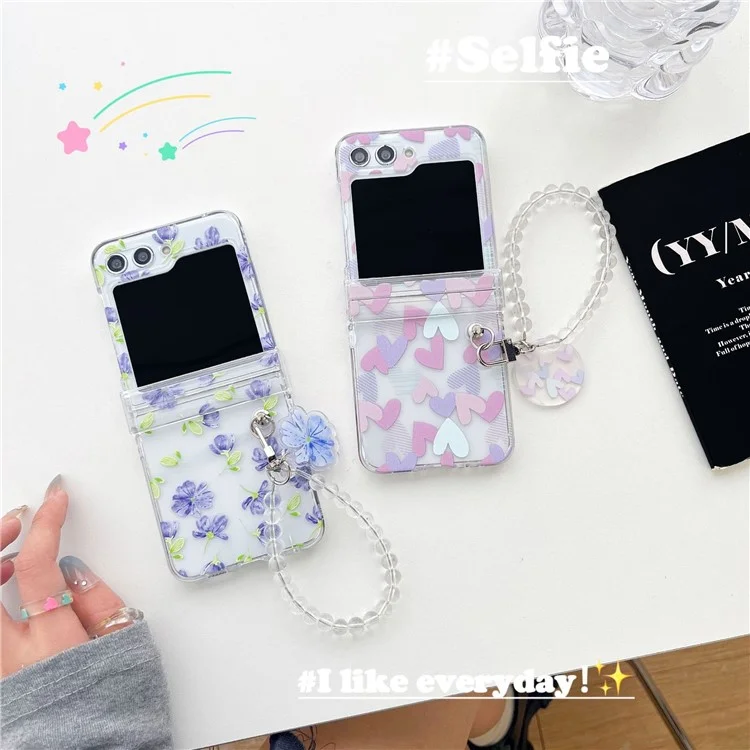 Para Samsung Galaxy Z Flip5 5G Case Hard PC Pattern Printing Clear Phone Cover with Bracelet - Red and White Flower