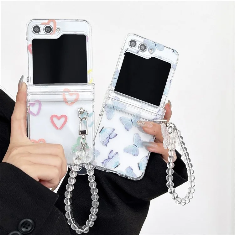 Para Samsung Galaxy Z Flip5 5G Case Hard PC Pattern Printing Clear Phone Cover with Bracelet - Red and White Flower