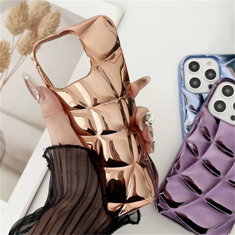 For iPhone 13 Pro Case Electroplating 3D Rhombus Grid Soft TPU Phone Cover - Pink