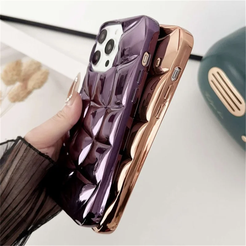 For iPhone 13 Pro Case Electroplating 3D Rhombus Grid Soft TPU Phone Cover - Pink