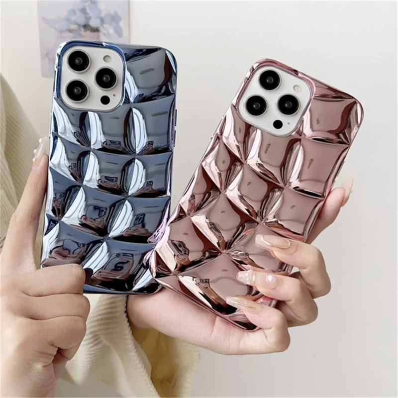 For iPhone 13 Pro Case Electroplating 3D Rhombus Grid Soft TPU Phone Cover - Pink