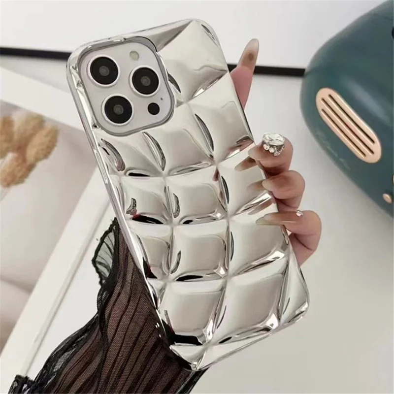 For iPhone 14 Pro Max TPU Case Electroplating Phone Cover Rhombus Grid Pattern - Silver