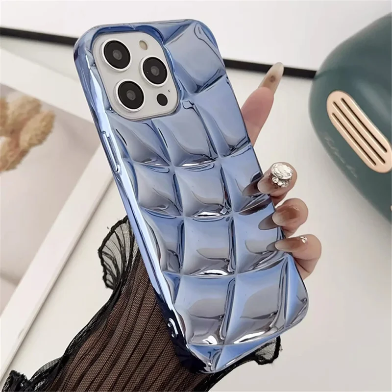 For iPhone 15 Pro TPU Phone Case Rhombus Grid Pattern Electroplating Protective Cover - Blue