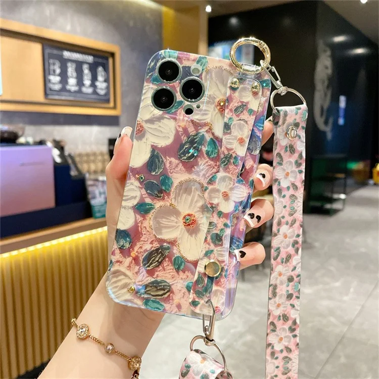 Für iPhone 15 Pro Epoxyharz-Hülle Armband Ständer PC+TPU Handyhülle mit Schlüsselband