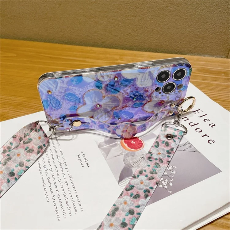 Für iPhone 15 Pro Epoxyharz-Hülle Armband Ständer PC+TPU Handyhülle mit Schlüsselband