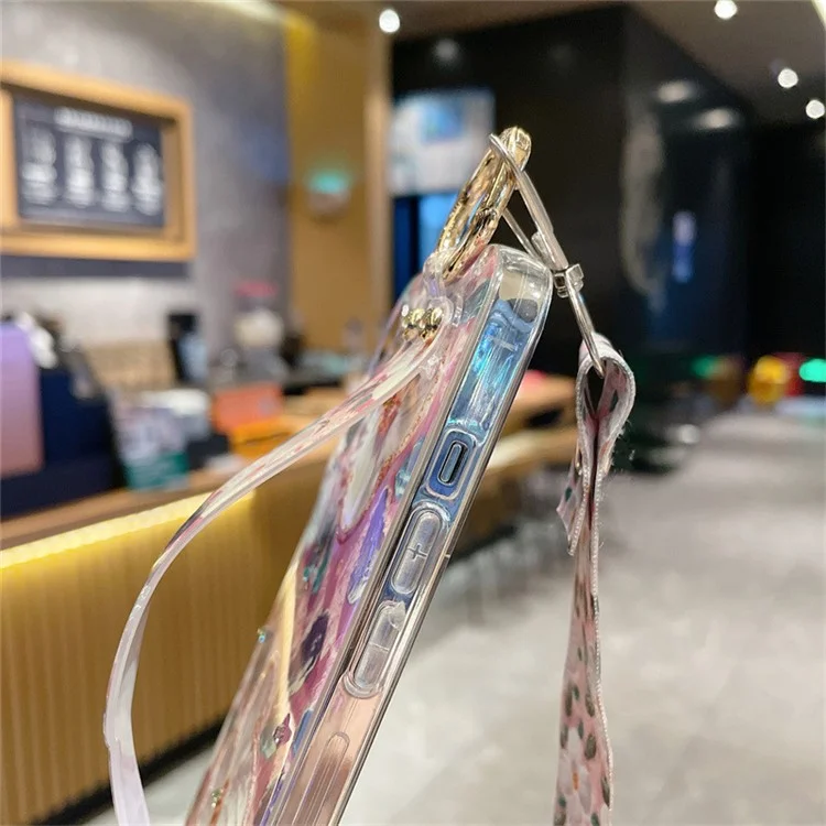 Für iPhone 15 Pro Epoxyharz-Hülle Armband Ständer PC+TPU Handyhülle mit Schlüsselband