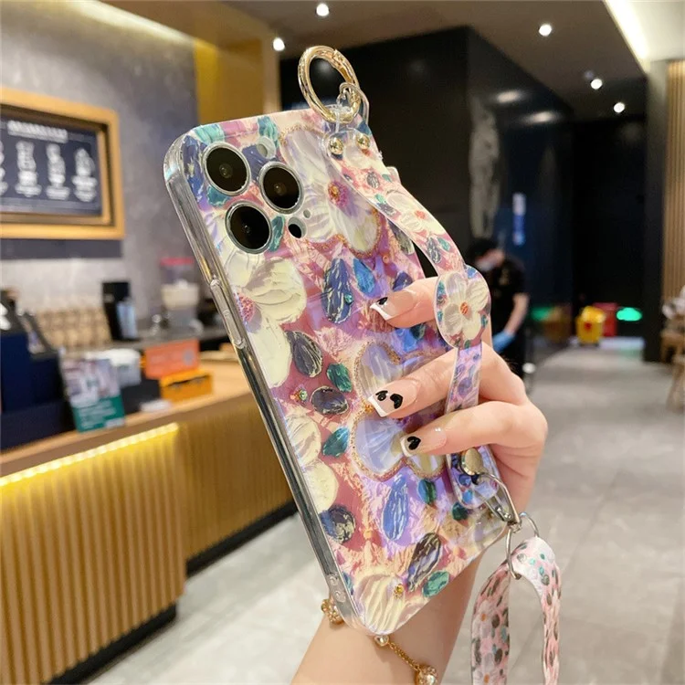 Für iPhone 15 Pro Epoxyharz-Hülle Armband Ständer PC+TPU Handyhülle mit Schlüsselband