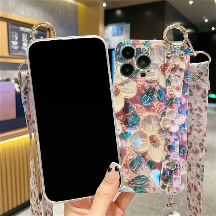 Für iPhone 15 Pro Epoxyharz-Hülle Armband Ständer PC+TPU Handyhülle mit Schlüsselband
