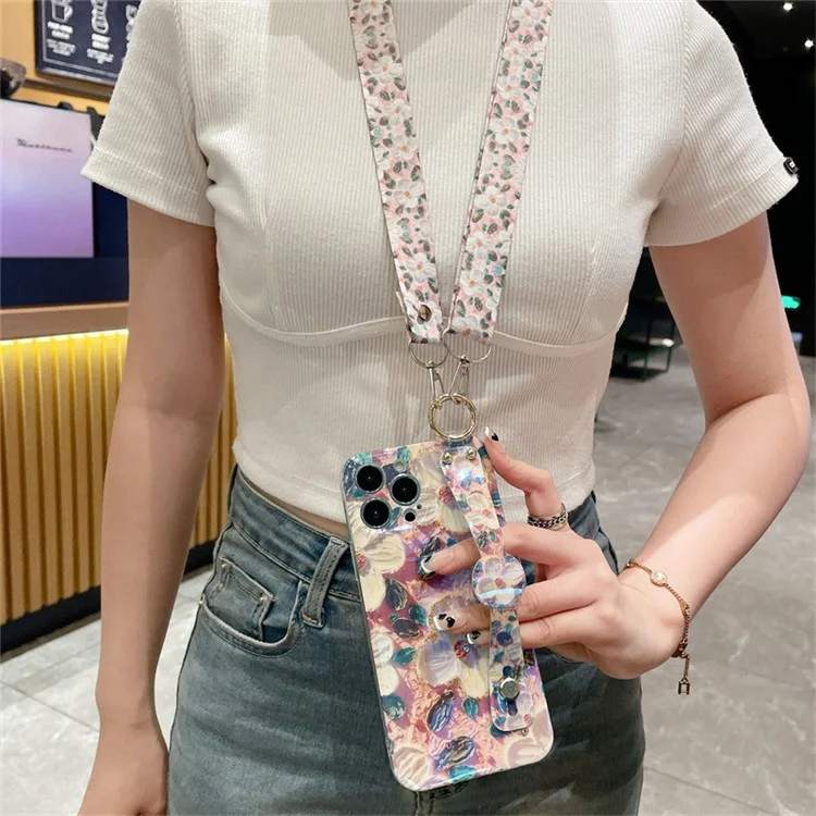 Für iPhone 15 Pro Epoxyharz-Hülle Armband Ständer PC+TPU Handyhülle mit Schlüsselband