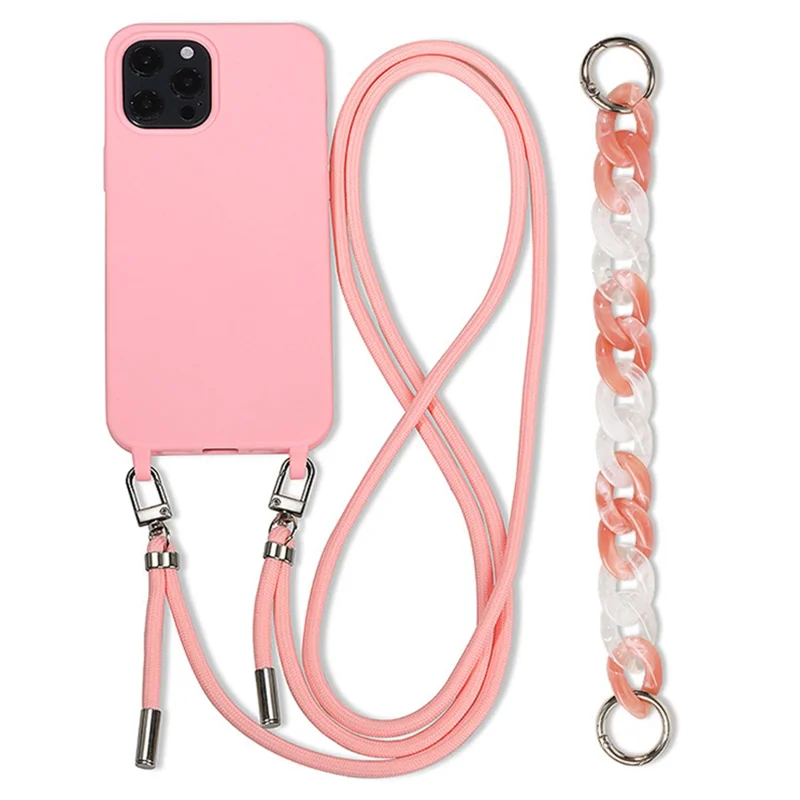 For iPhone 14 Pro Max Case Soft TPU Shock-Absorbent Smart Phone Cover with Straps - Pink