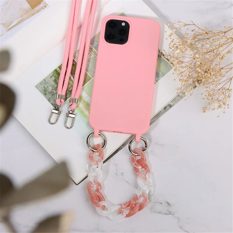 For iPhone 14 Pro Max Case Soft TPU Shock-Absorbent Smart Phone Cover with Straps - Pink