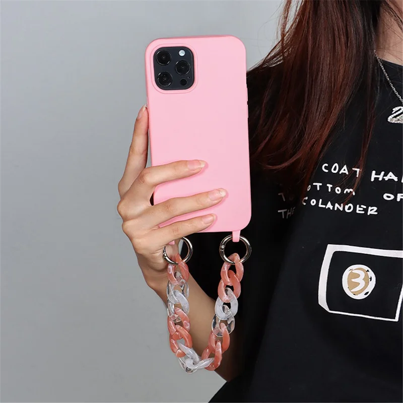 For iPhone 14 Pro Max Case Soft TPU Shock-Absorbent Smart Phone Cover with Straps - Pink
