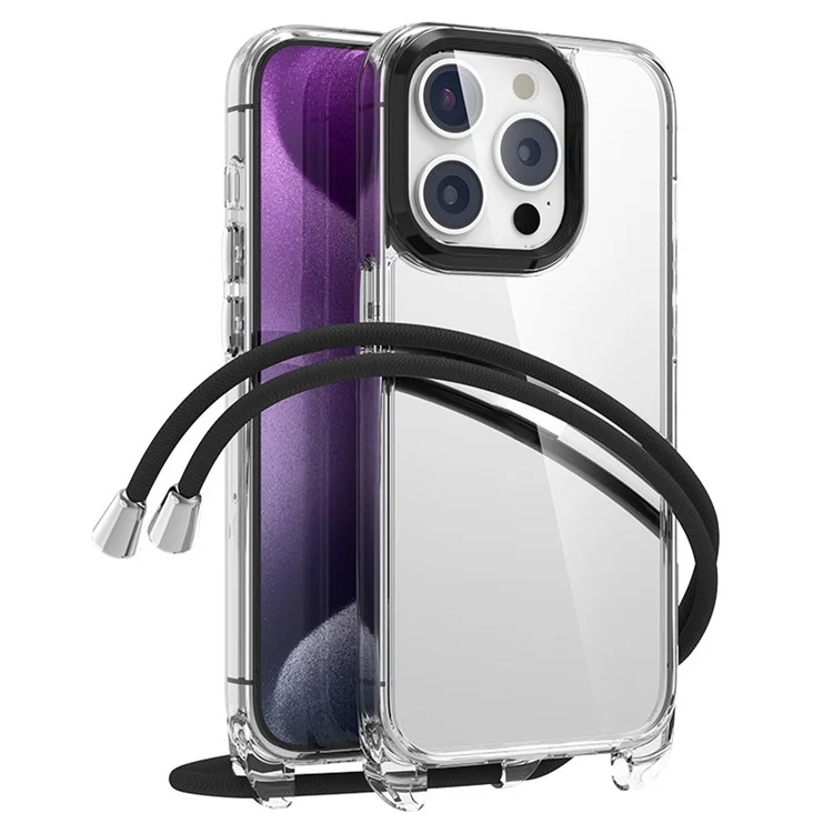 Capa para iPhone 13 Pro Max PC+TPU Transparent Phone Cover com Cordão Ajustável - Transparent+Black Lanyard