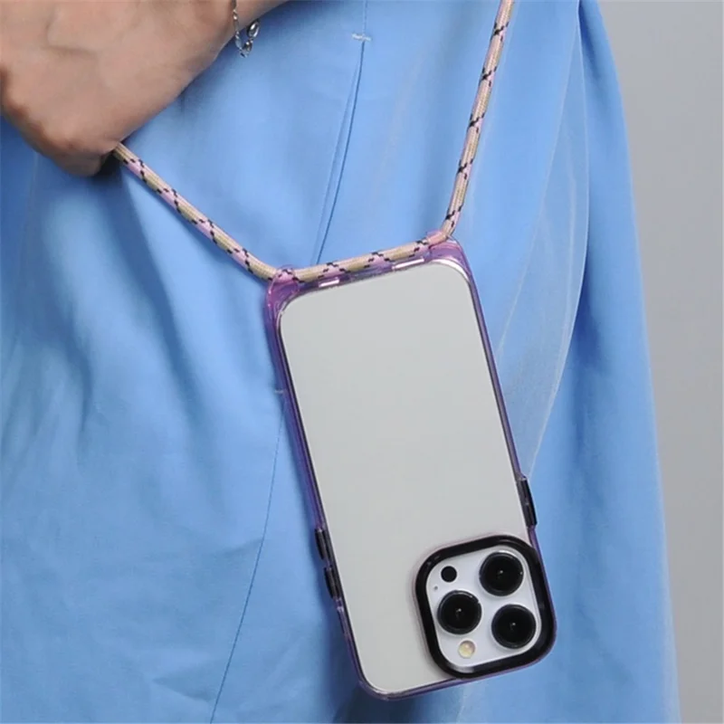 For iPhone 13 Pro Max Case PC+TPU Clear Phone Cover with Adjustable Lanyard - Transparent Purple+Purple Lanyard