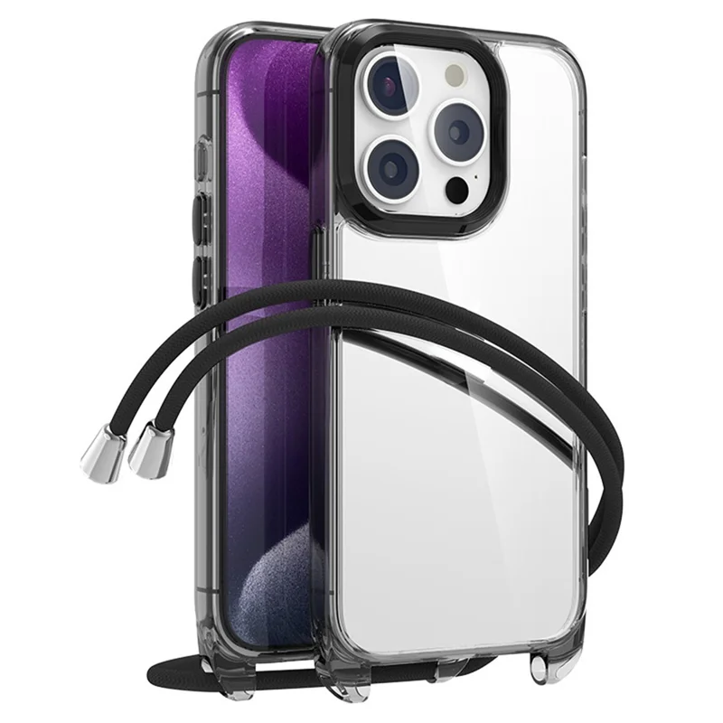 For iPhone 13 Pro Max Case PC+TPU Clear Phone Cover with Adjustable Lanyard - Transparent Black+Black Lanyard