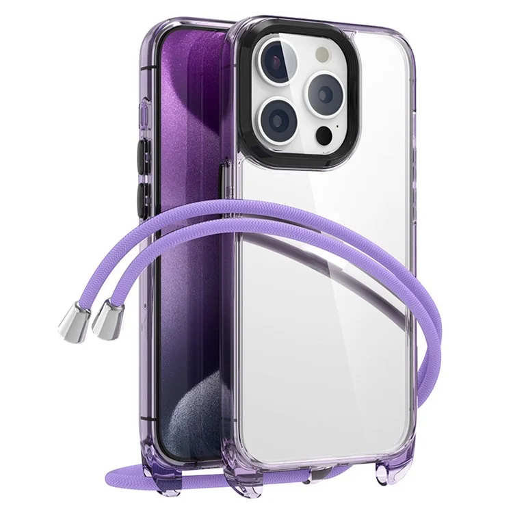 For iPhone 15 Pro Clear Case with Lanyard PC+TPU Hybrid Phone Cover - Transparent Purple+Purple Lanyard