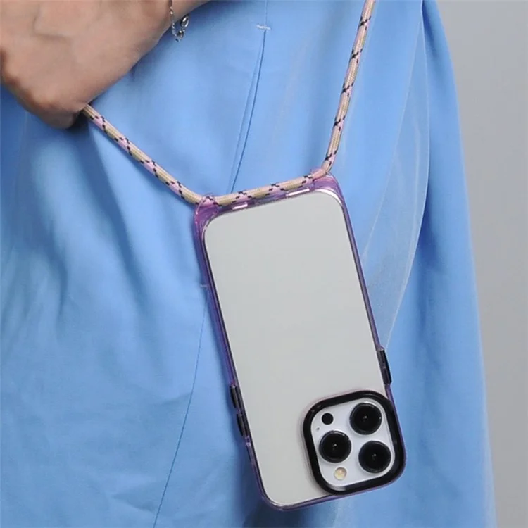 For iPhone 15 Pro Clear Case with Lanyard PC+TPU Hybrid Phone Cover - Transparent Purple+Purple Lanyard