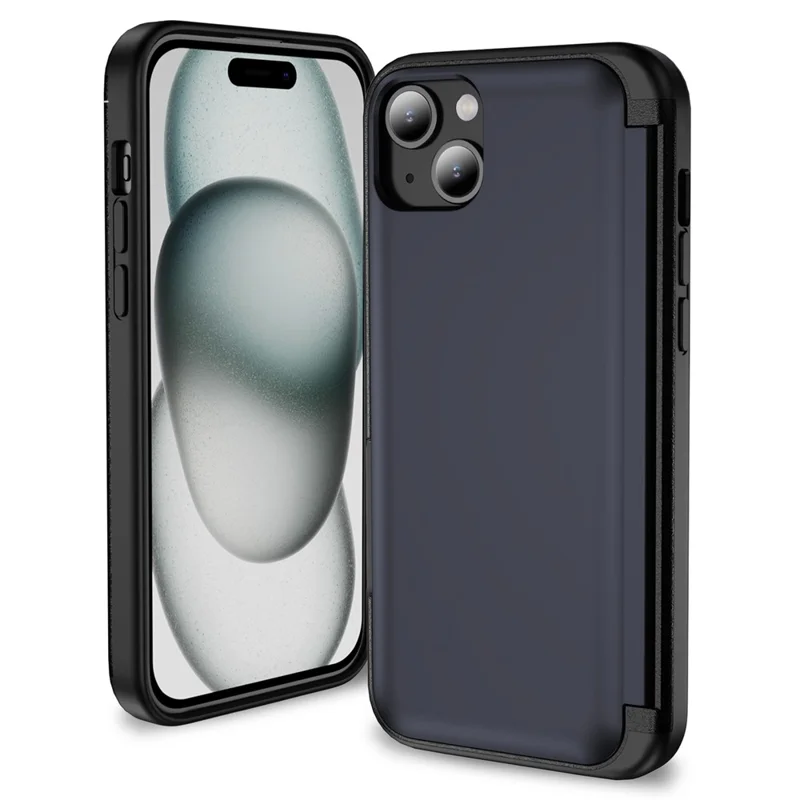 For iPhone 15 TPU+PC Case with Card Slot Flip Kickstand Drop Proof Phone Cover - Navy Blue